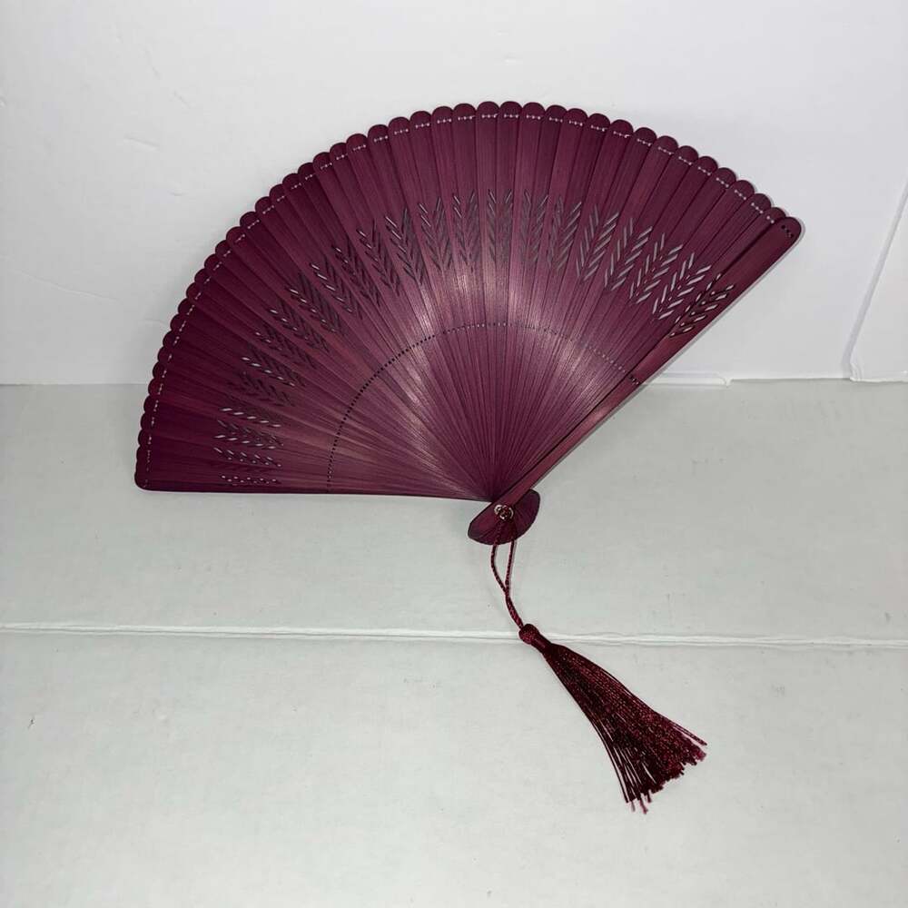 Unbranded Hollow Carved Bamboo Folding Hand Fan With Tassel Burgundy